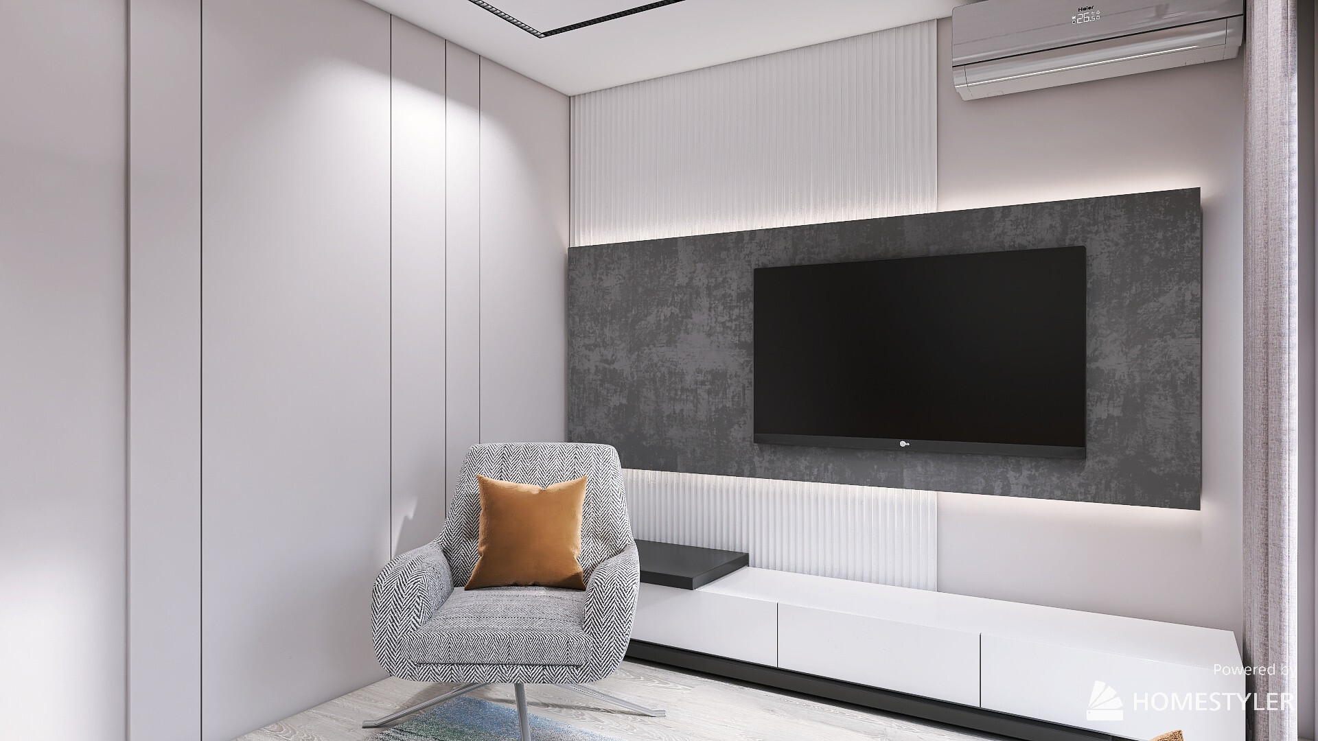 Интерьер гостиной cтеной с телевизором, телевизором на рейках, рейками с подсветкой, подсветкой настенной и подсветкой светодиодной в современном стиле