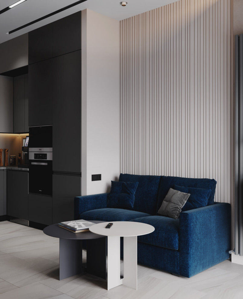 Интерьер гостиной с зонированием рейками, телевизором на рейках, вертикальными жалюзи и рейками с подсветкой