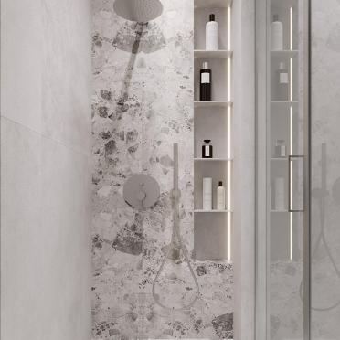 Интерьер ванной с душевой из плитки и нишей из плитки  смотреть на Basicdecor