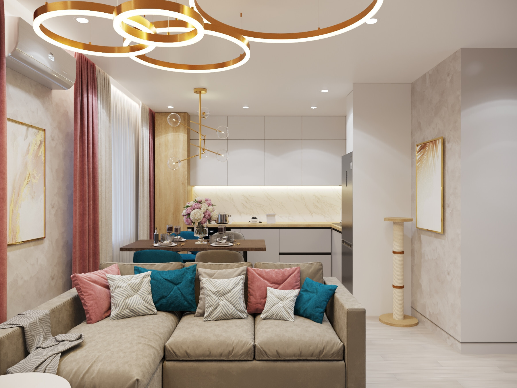 Интерьер гостиной cветовыми линиями и подсветкой светодиодной в современном стиле
