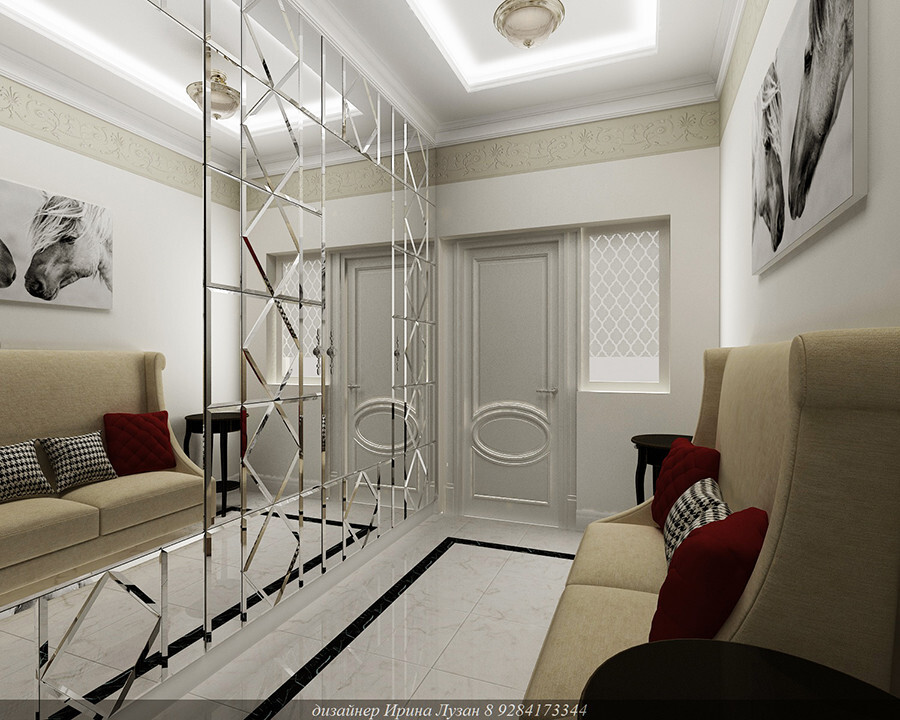 Интерьер гостиной с зеркалом в нише, без дверей, проходной, аркой, проемом и зеркалом на двери в классическом стиле