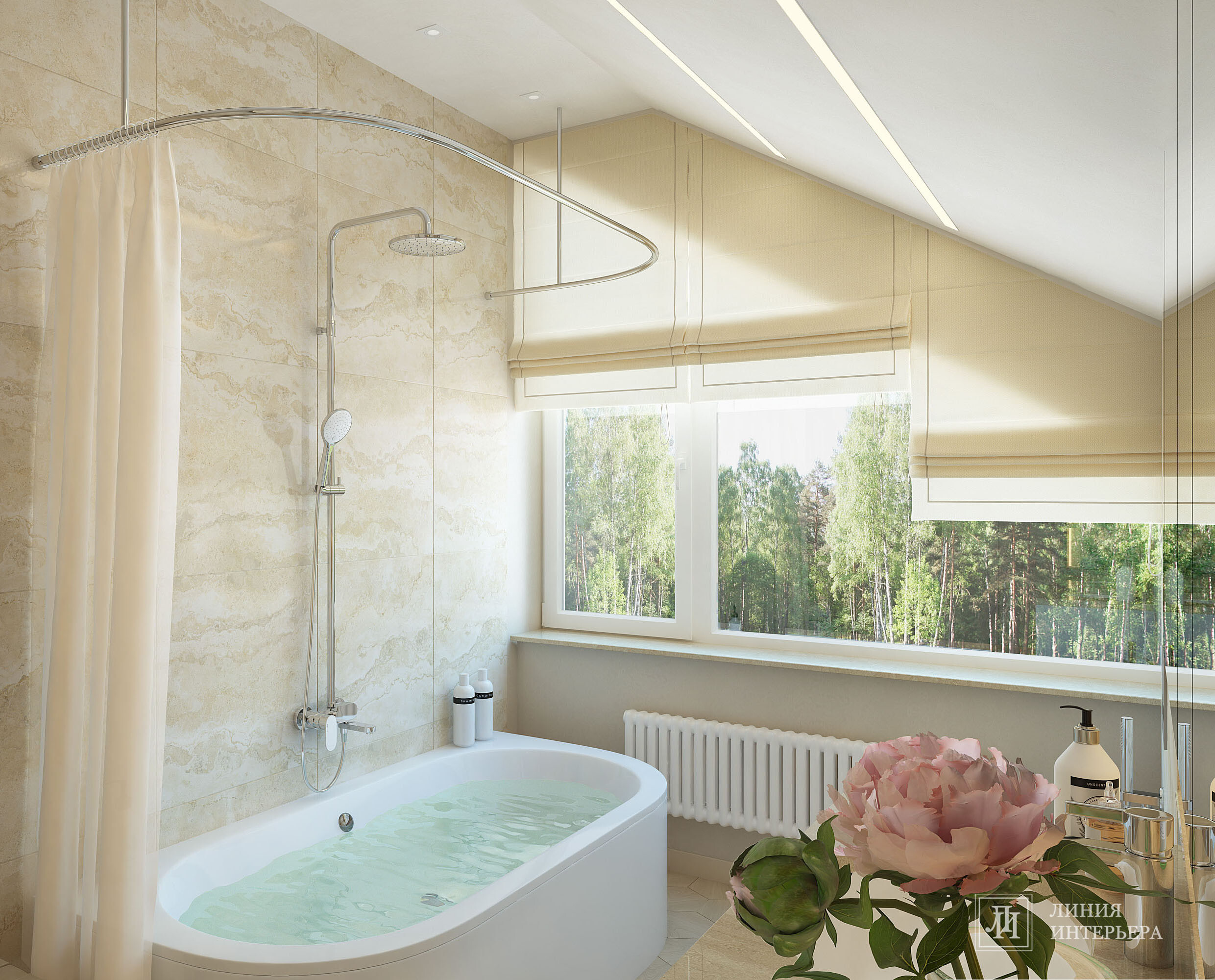 Интерьер ванной с жалюзи и вертикальными жалюзи в современном стиле