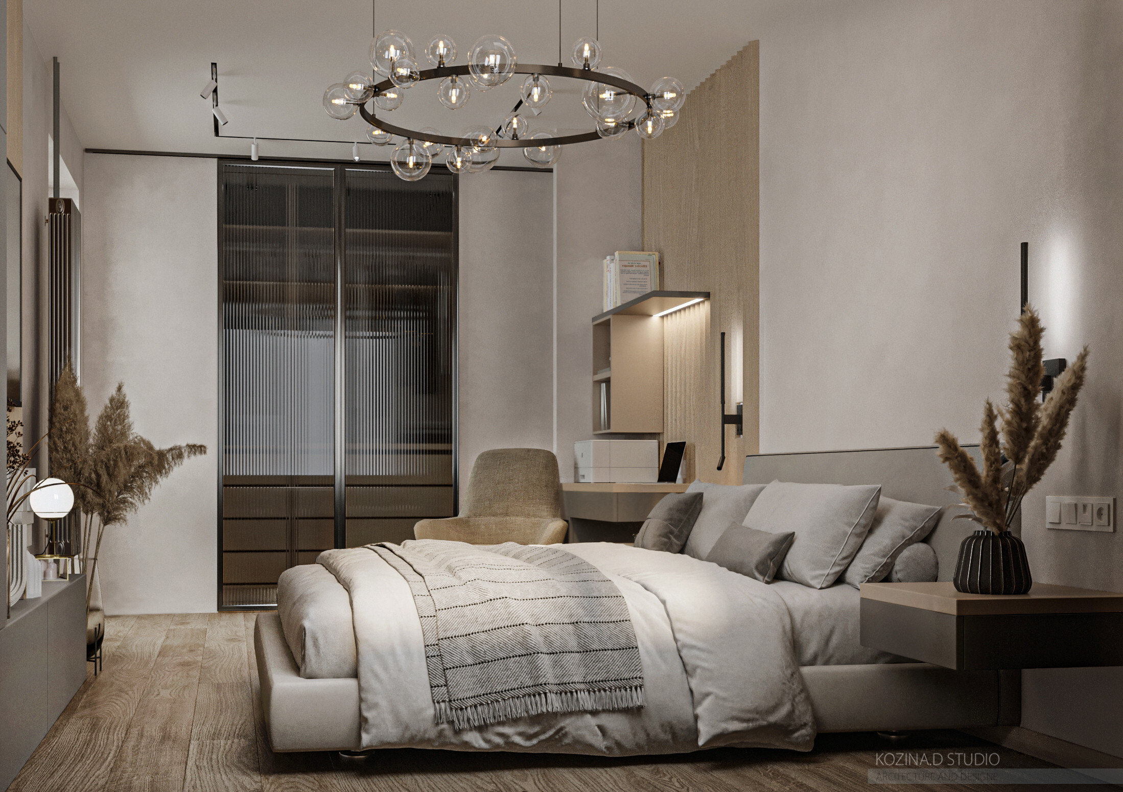Интерьер спальни c рабочим местом и световыми линиями в современном стиле и в стиле лофт