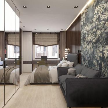 Интерьер спальни с зонированием шторами  смотреть на Basicdecor