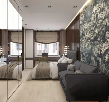 Интерьер спальни с зонированием шторами  смотреть на Basicdecor