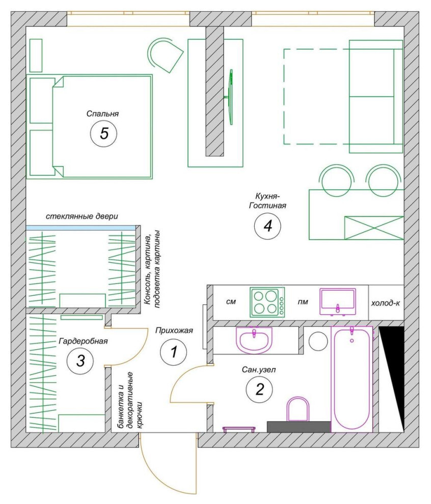 Интерьер с зонированием, сауной, проходной, проемом и с кабинетом в современном стиле