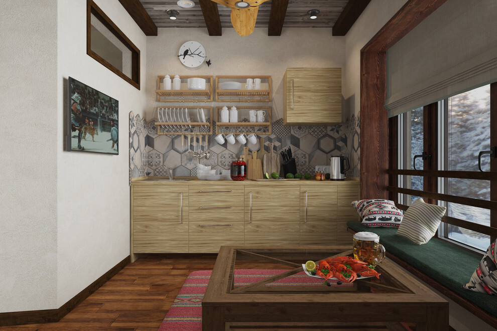 Интерьер с в деревянном доме в современном стиле и в стиле лофт