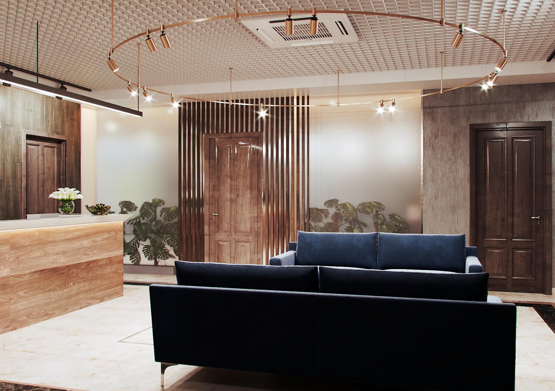 Интерьер гостиной с ресепшном, рейками с подсветкой и подсветкой светодиодной в современном стиле