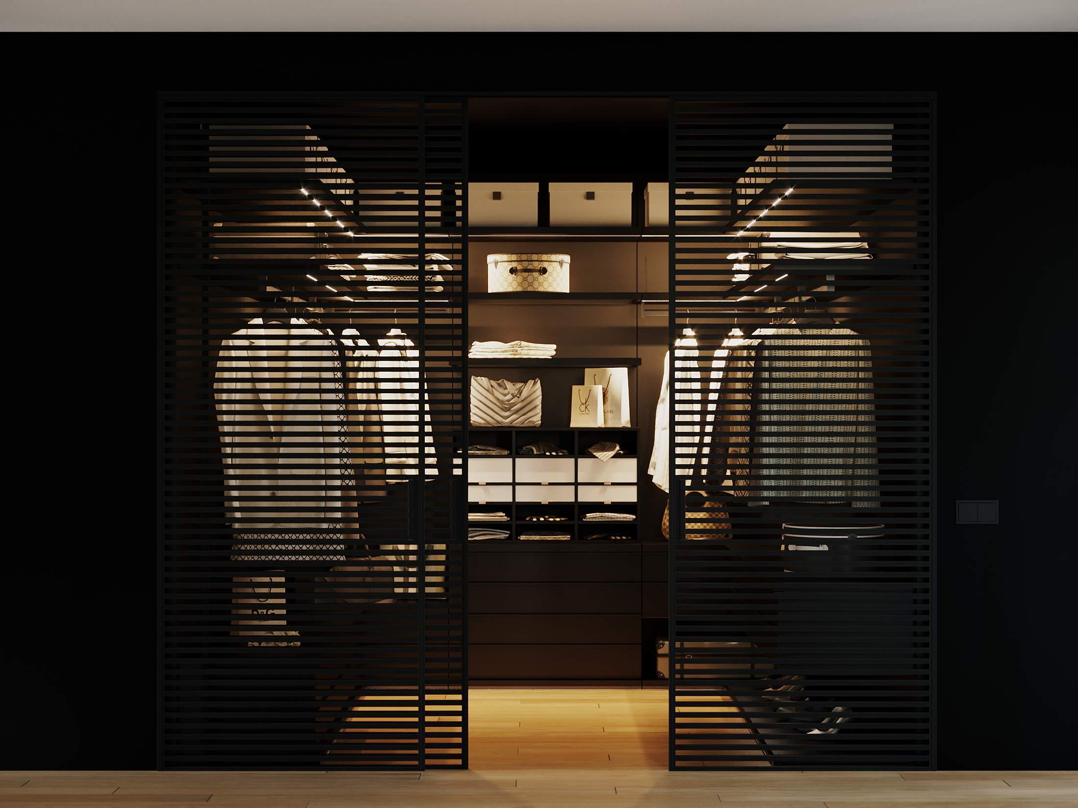 Интерьер с гардеробной, кладовкой, гардеробной со шторой и гардеробной зой кроватью в современном стиле
