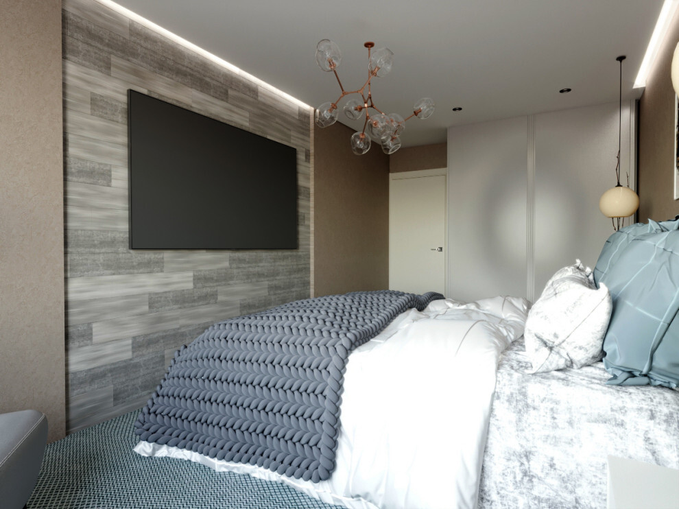 Интерьер спальни с панно за телевизором, керамогранитом на стену с телевизором, подсветкой настенной, подсветкой светодиодной и с подсветкой в современном стиле