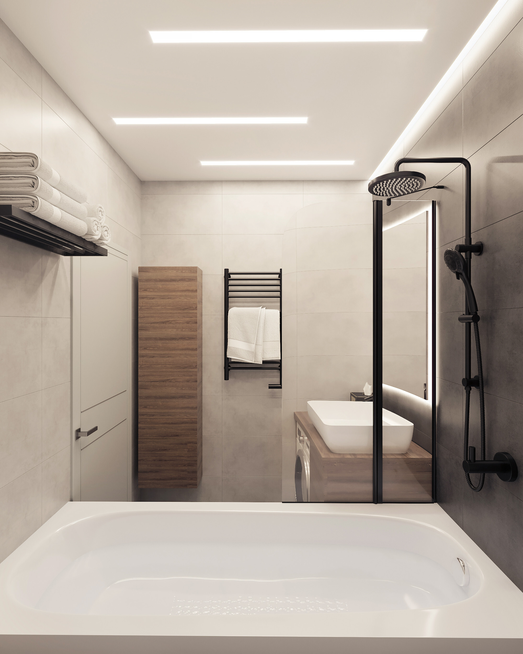 Интерьер ванной cветовыми линиями в современном стиле и в стиле лофт