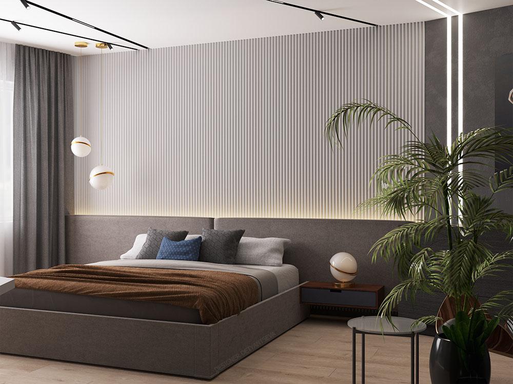 Интерьер спальни с рейками с подсветкой, бра над кроватью, подсветкой настенной, подсветкой светодиодной и светильниками над кроватью