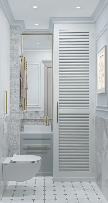 Интерьер ванной c рабочим местом и дверными жалюзи  смотреть на Basicdecor