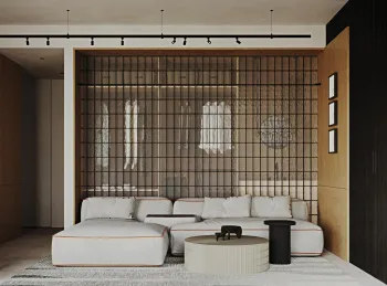 Интерьер гостиной с зонированием в современном стиле смотреть на Basicdecor
