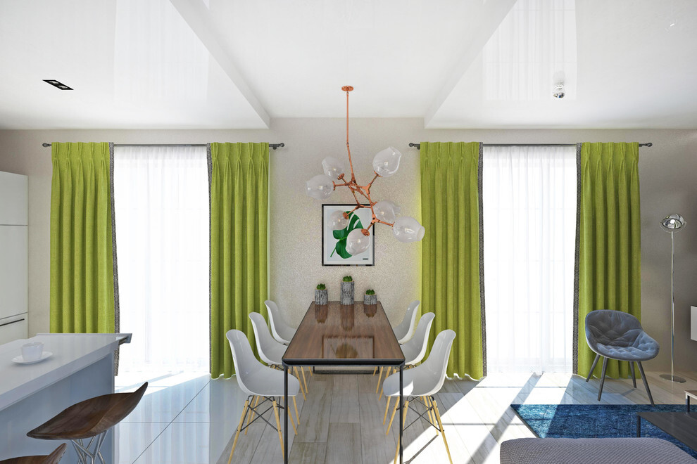 Интерьер столовой с балконом и вертикальными жалюзи в современном стиле