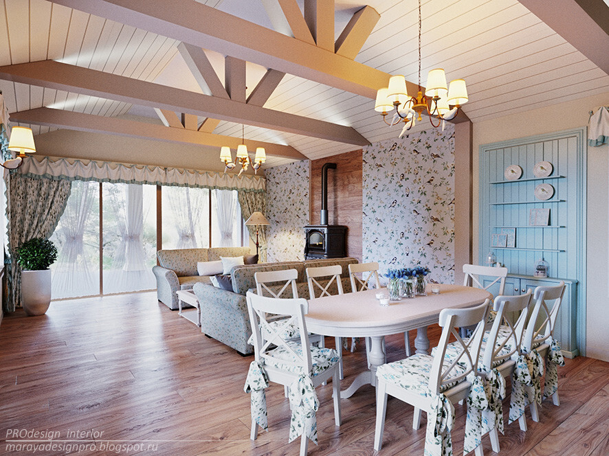 Интерьер столовой с в деревянном доме в неоклассике и в стиле кантри