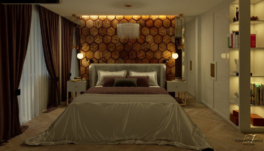 Интерьер спальни с бра над кроватью и светильниками над кроватью в восточном стиле