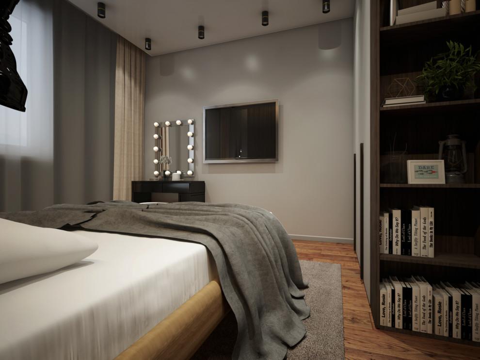 Интерьер спальни cветовыми линиями, подсветкой настенной, подсветкой светодиодной и светильниками над кроватью в современном стиле и в стиле лофт
