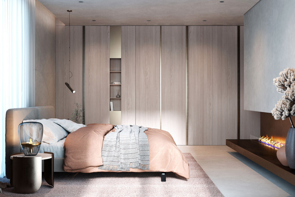 Интерьер спальни с шкафом у кровати в современном стиле и в стиле лофт