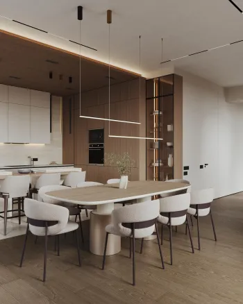 Интерьер кухни cветильниками над столом  смотреть на Basicdecor