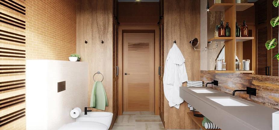 Интерьер ванной с в деревянном доме и сауной в стиле лофт