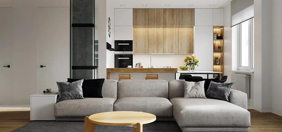 Интерьер кухни c кабинетом и open space в современном стиле, в стиле лофт, скандинавском стиле, минимализме и джапанди