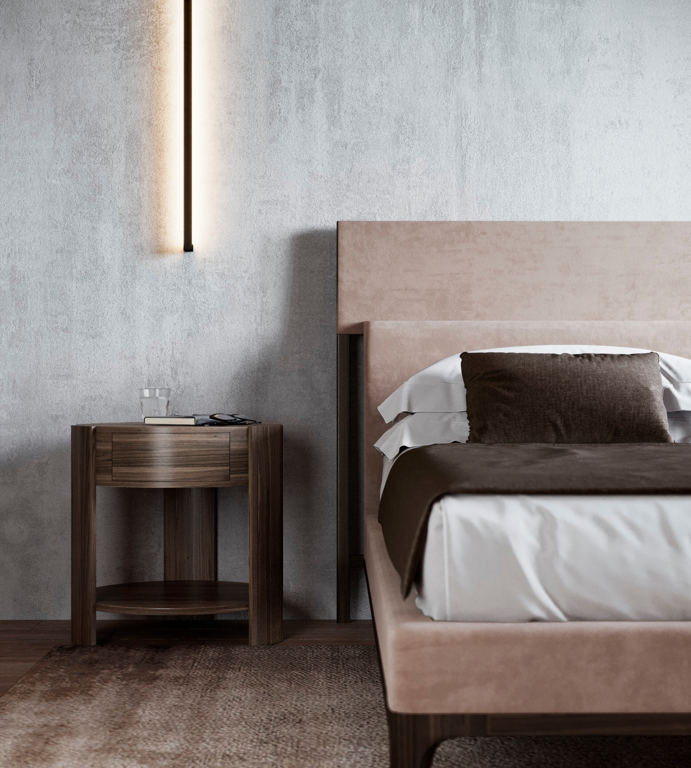 Интерьер спальни с подсветкой настенной и светильниками над кроватью в современном стиле