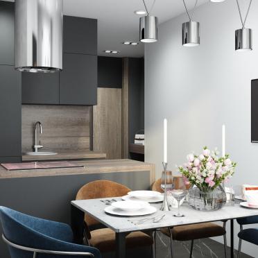 Интерьер кухни cветильниками над столом  смотреть на Basicdecor
