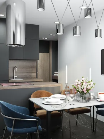 Интерьер кухни cветильниками над столом  смотреть на Basicdecor