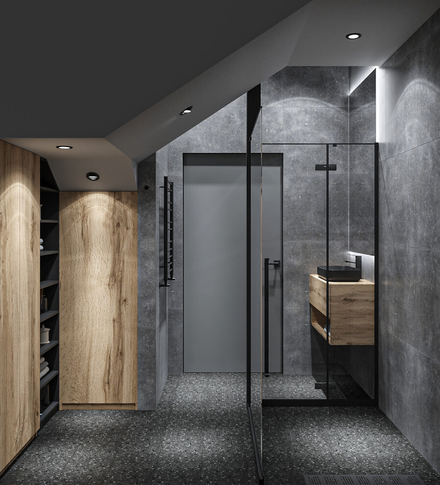 Интерьер ванной с душевой из плитки, сауной и без дверей в современном стиле и в стиле лофт