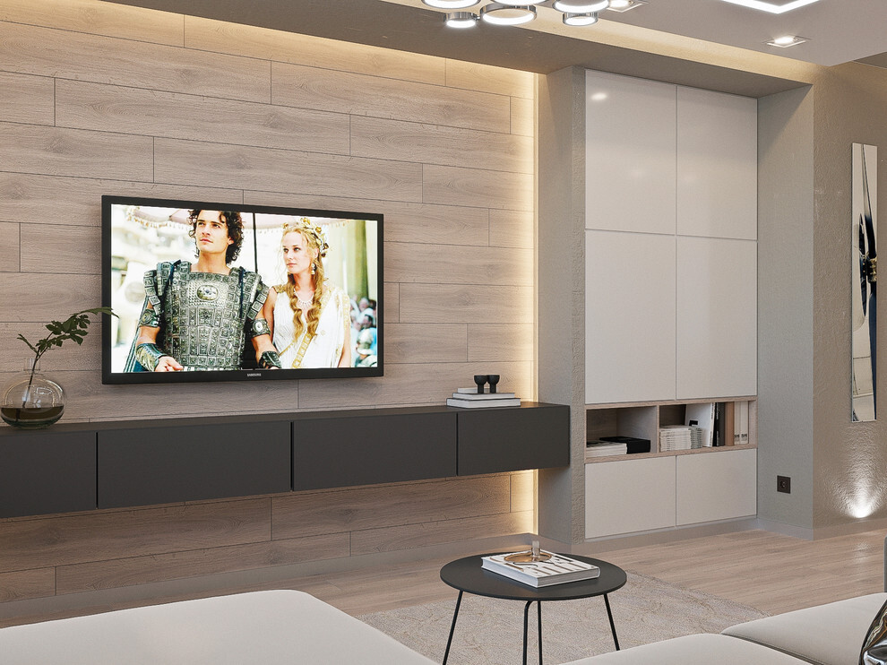 Интерьер гостиной cтеной с телевизором, телевизором на стене, керамогранитом на стену с телевизором, рейками с подсветкой, подсветкой настенной, подсветкой светодиодной и с подсветкой в современном стиле