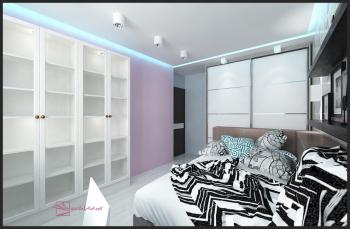 Интерьер спальни с проходной, подсветкой светодиодной, светильниками над кроватью и с подсветкой