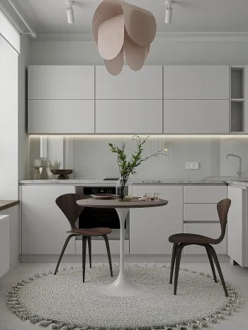 Интерьер кухни cветильниками над столом  смотреть на Basicdecor