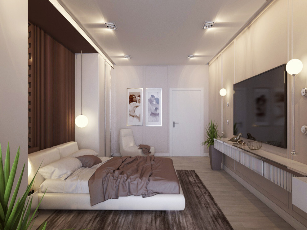 Интерьер спальни с подсветкой настенной и подсветкой светодиодной в современном стиле