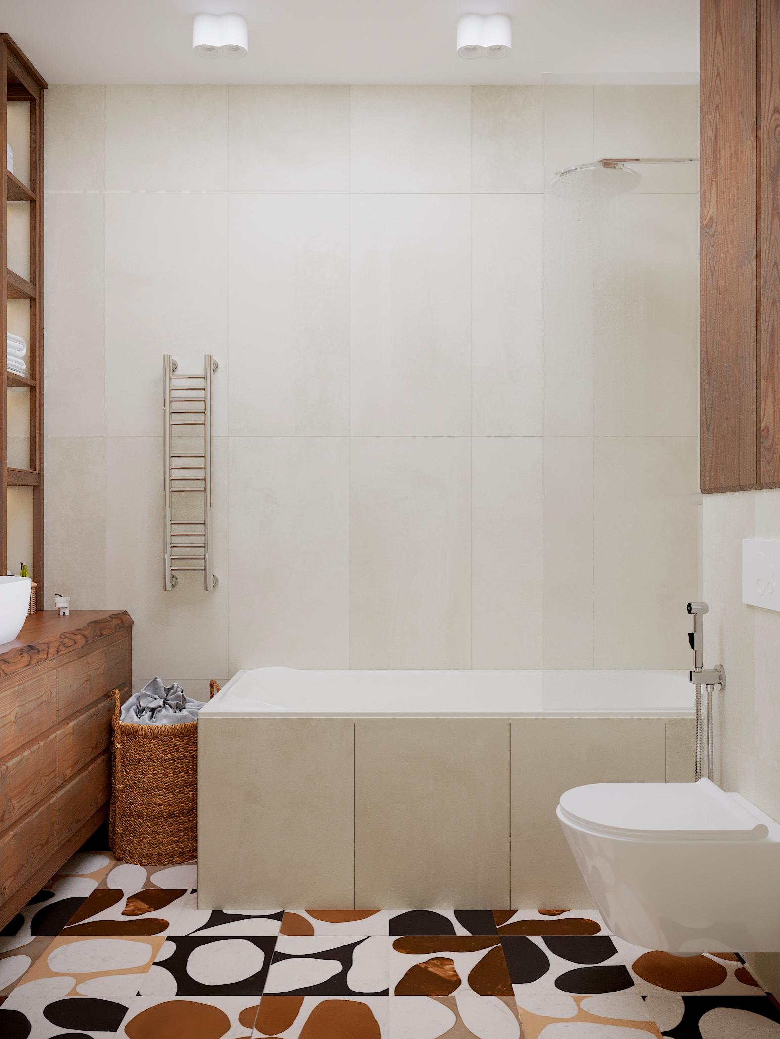 Интерьер ванной в современном стиле, в стиле лофт и в стиле кантри