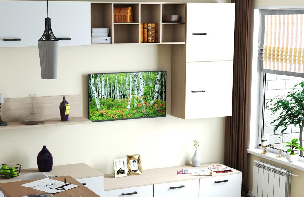 Интерьер с панно за телевизором, стеной с телевизором и телевизором на стене