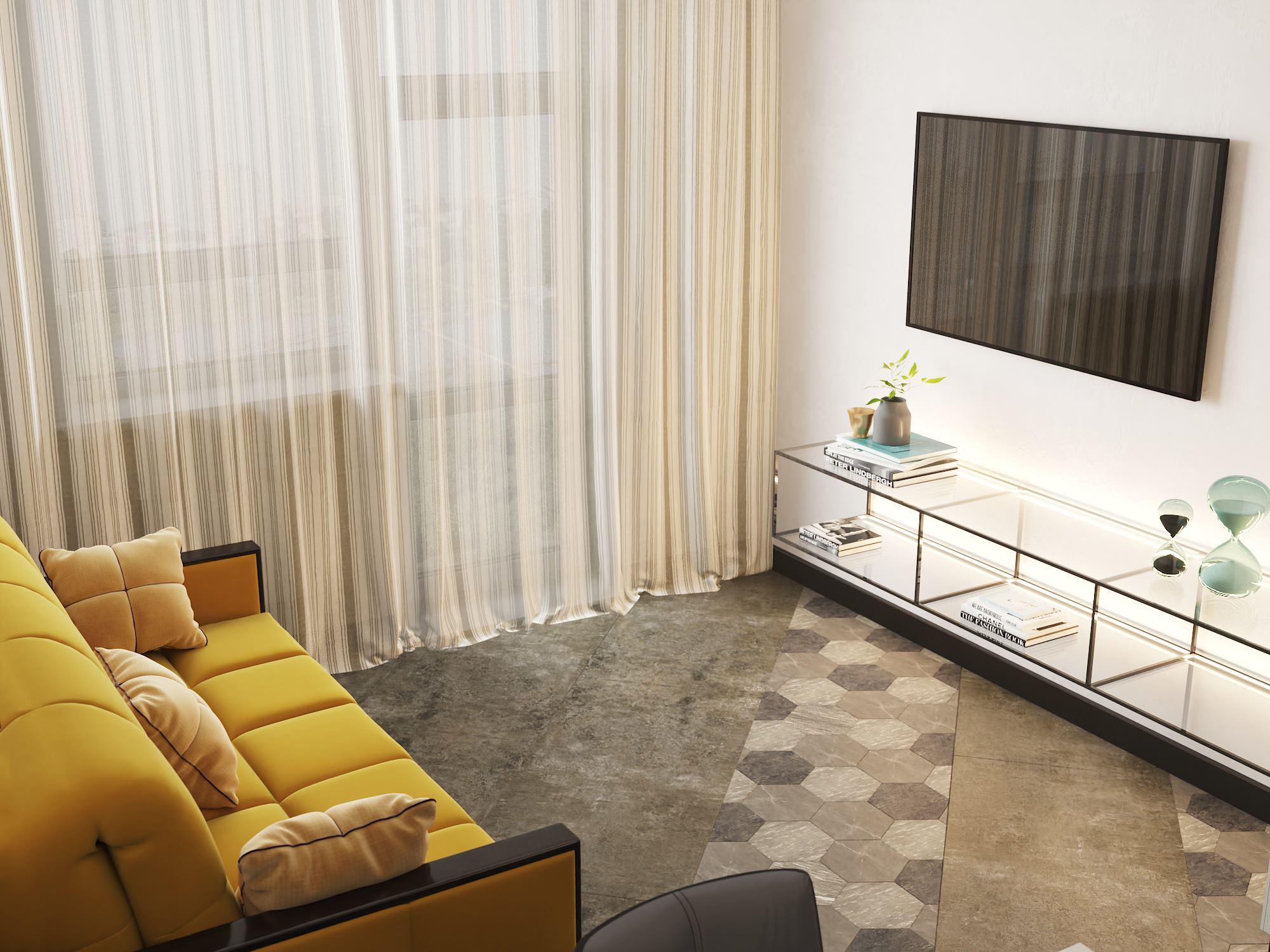 Интерьер гостиной cтеной с телевизором, телевизором на рейках и керамогранитом на стену с телевизором в стиле лофт