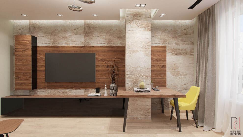 Интерьер кухни с керамогранитом на стену с телевизором в современном стиле