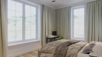 Интерьер спальни c рабочим местом и окном в неоклассике смотреть на Basicdecor