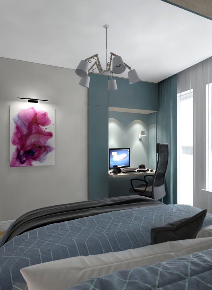 Интерьер спальни c рабочим местом, световыми линиями, подсветкой настенной и подсветкой светодиодной в современном стиле