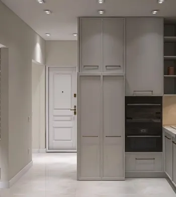 Интерьер кухни с проходной и шкафами вокруг двери  смотреть на Basicdecor
