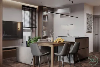 Интерьер кухни cветильниками над столом  смотреть на Basicdecor