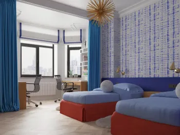Интерьер детской c рабочим местом и две кровати  смотреть на Basicdecor