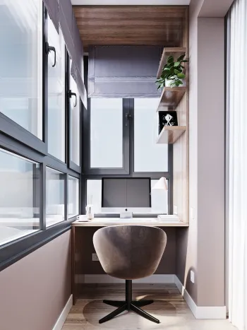 Интерьер балкона c рабочим местом, окном, с рабочим местом у окна, угловым окном, с антресолью, столом у окна и окном без подоконника в современном стиле смотреть на Basicdecor
