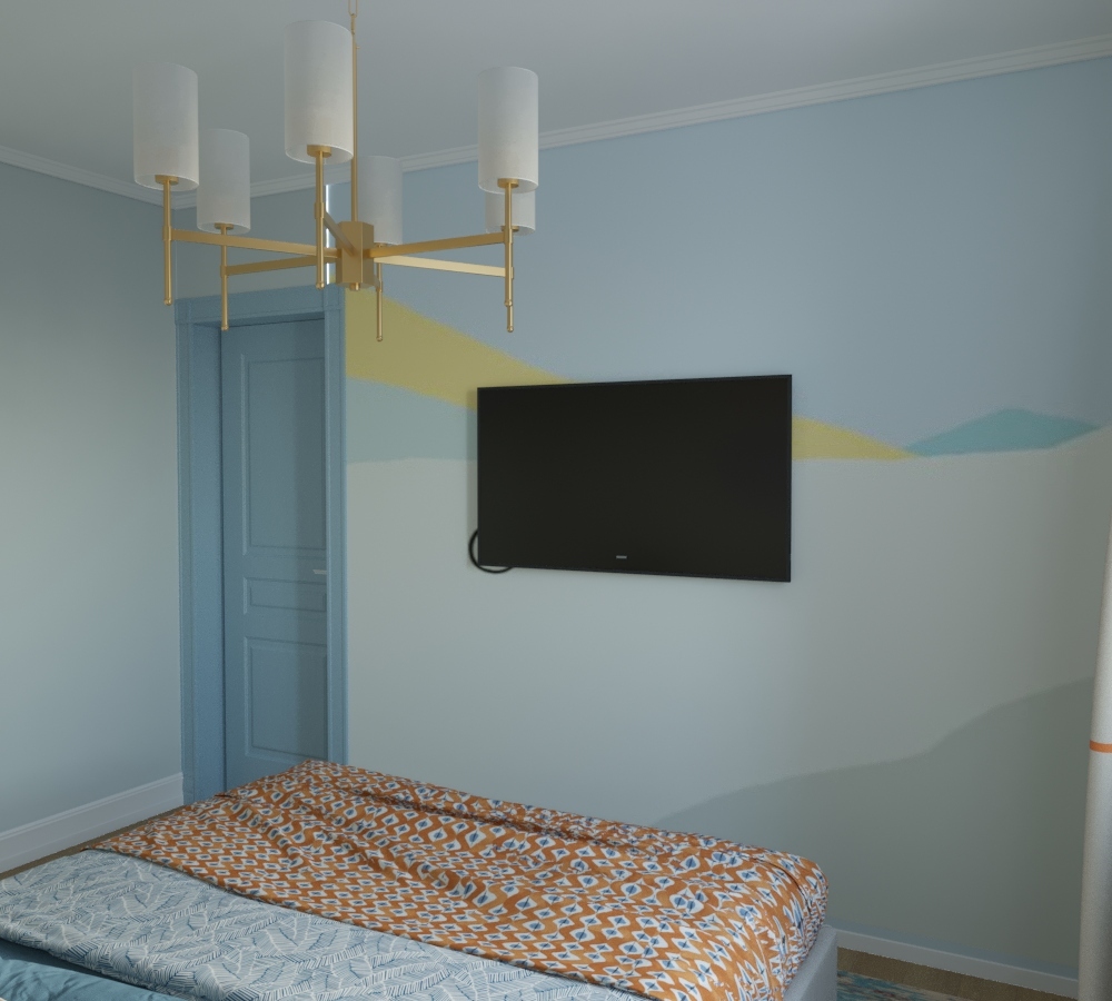 Интерьер спальни cтеной с телевизором, телевизором на стене и подсветкой настенной