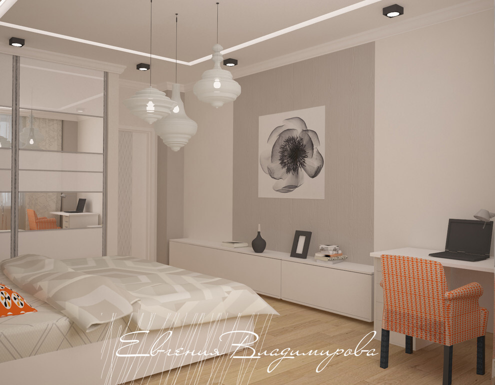 Интерьер спальни cветовыми линиями, рейками с подсветкой, подсветкой настенной и подсветкой светодиодной