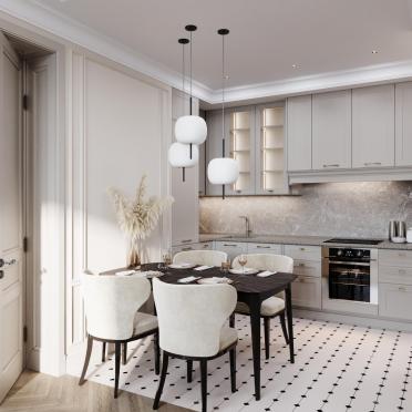 Интерьер кухни cветильниками над столом  смотреть на Basicdecor
