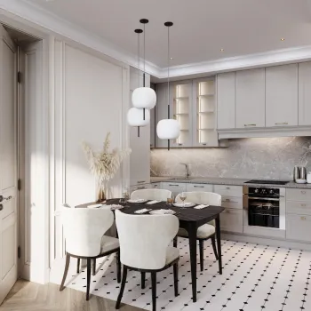 Интерьер кухни cветильниками над столом  смотреть на Basicdecor
