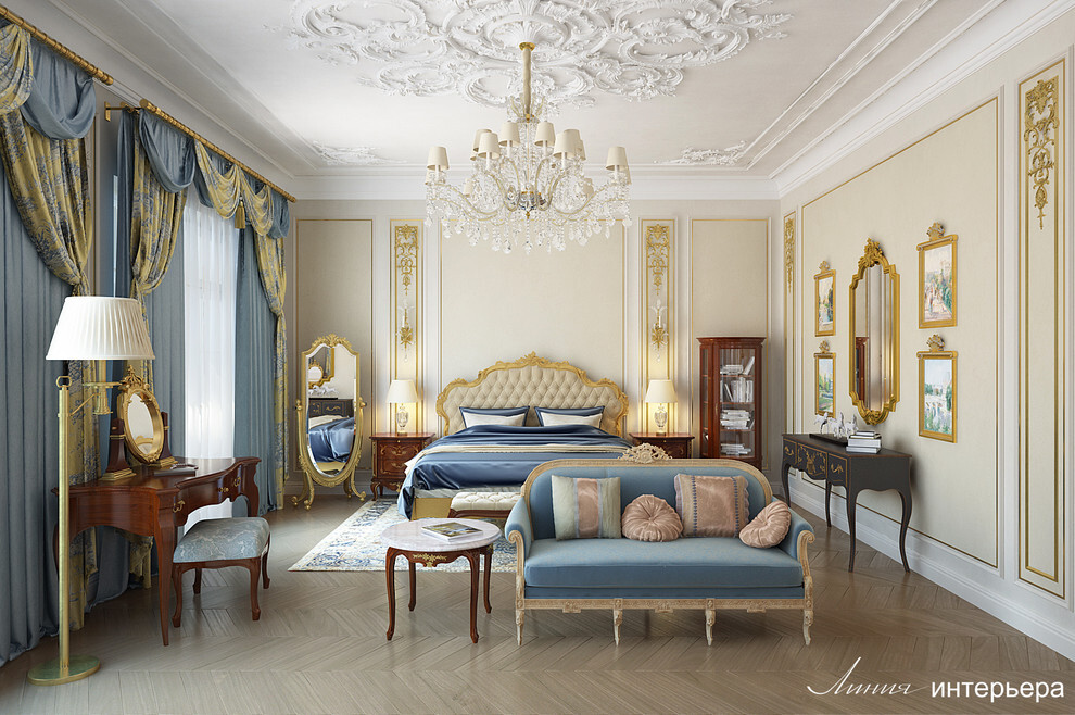 Интерьер спальни в классическом стиле, барокко, ампире и рококо