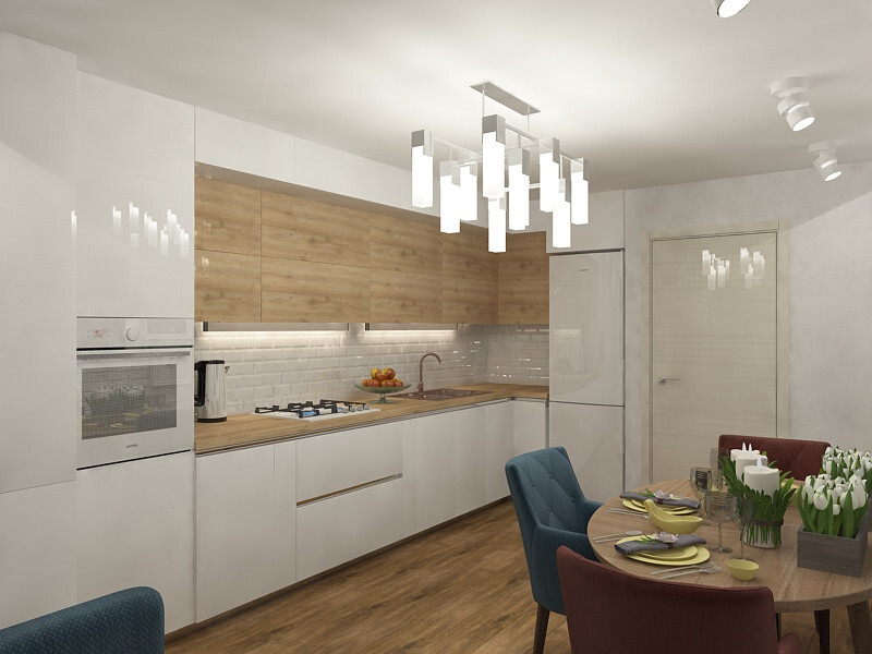 Интерьер кухни cветовыми линиями и подсветкой светодиодной в скандинавском стиле